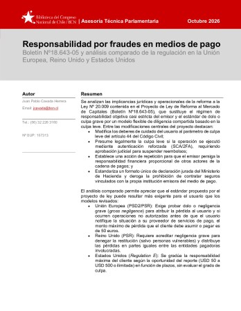 Portada de Responsabilidad por fraudes en medios de pago: Boletín Nº18.643-05 y análisis comparado de la regulación en la Unión Europea, Reino Unido y Estados Unidos