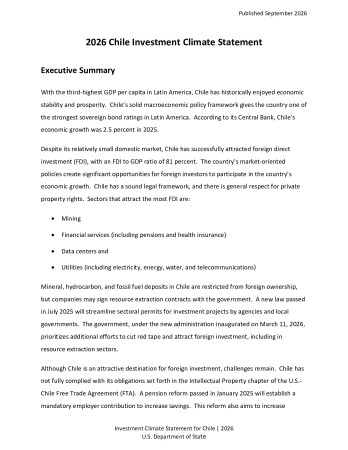 Portada de Investment Climate Statement for Chile | 2026